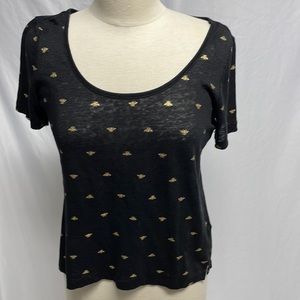 Cynthia Rowley Black Linen tee Gold Bees size XS